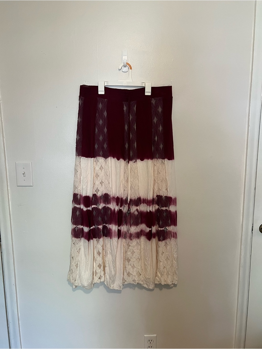 Lapis Burgundy and Cream Lace-Tier Maxi Skirt